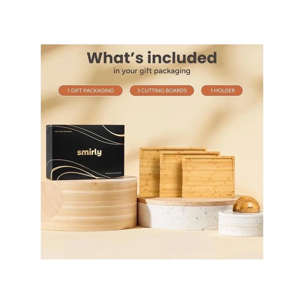 Smirly Non-Toxic Cutting Board Set 3 Piece Bamboo Juice Groove Stand Holder